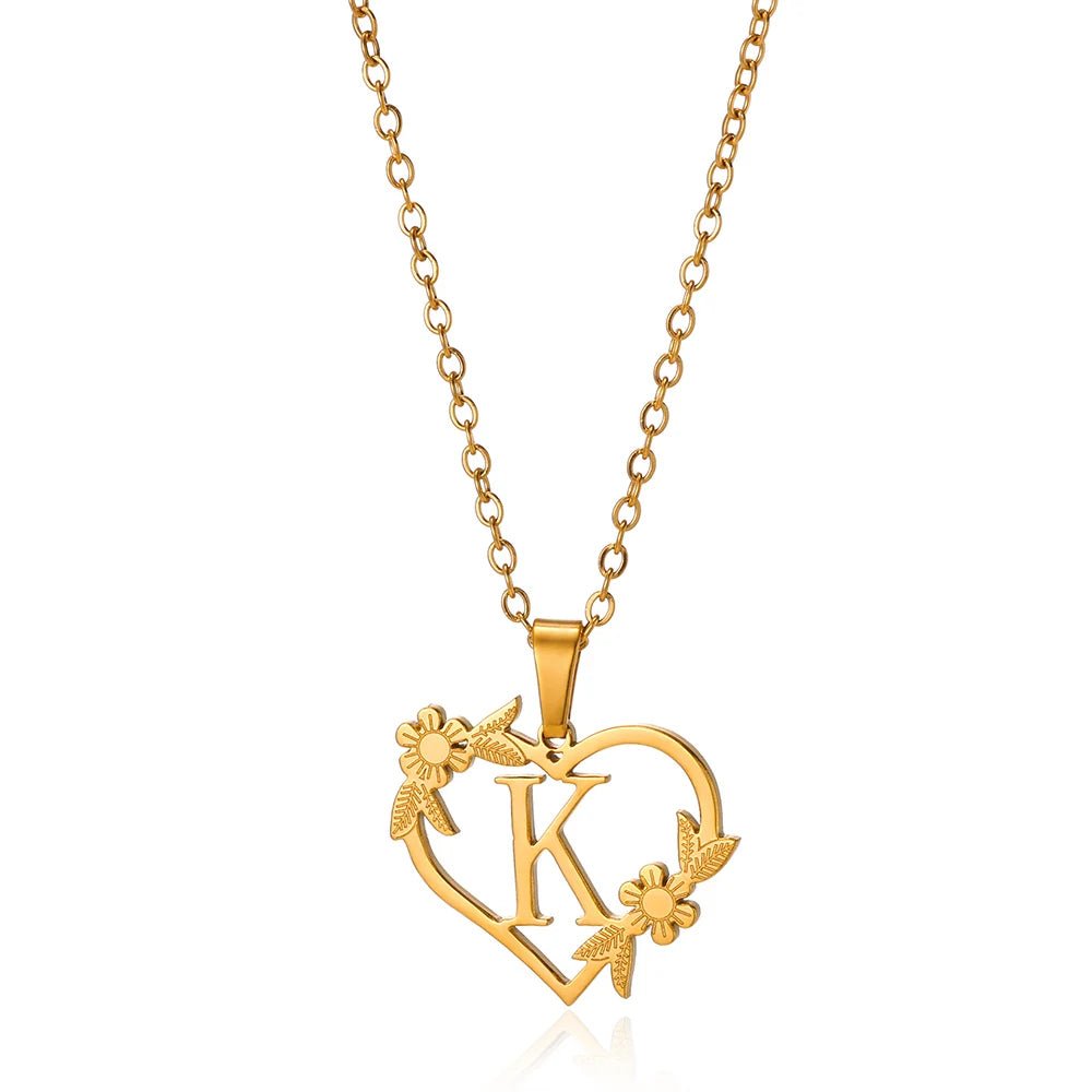 dainty floral heart letter initial necklace