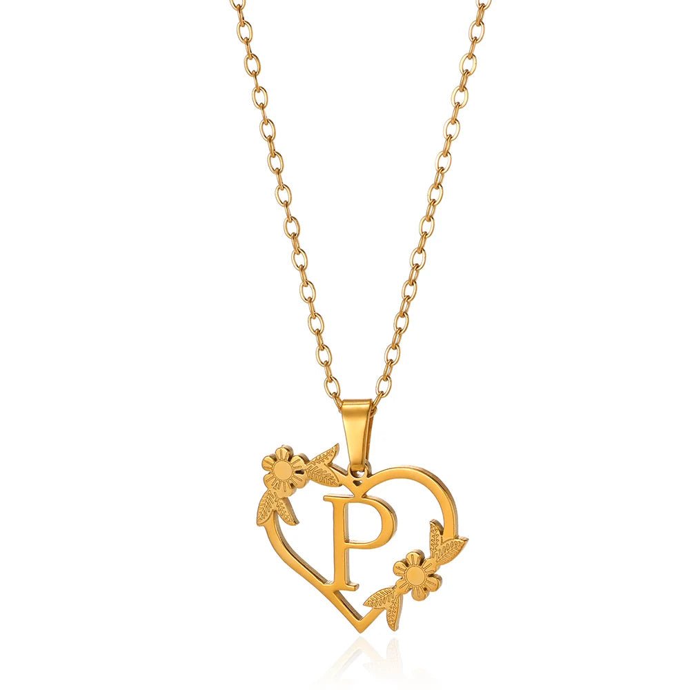 dainty floral heart letter initial necklace