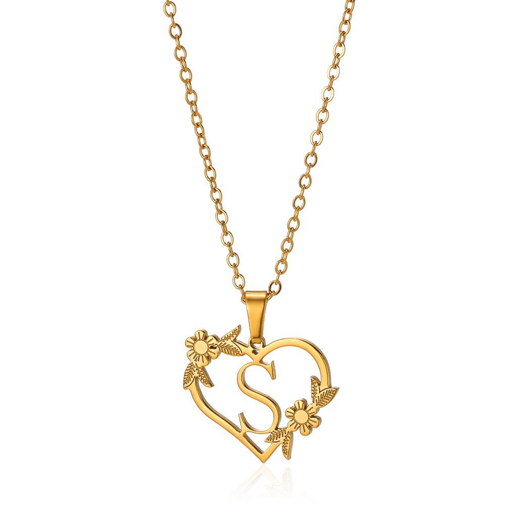 dainty floral heart letter initial necklace