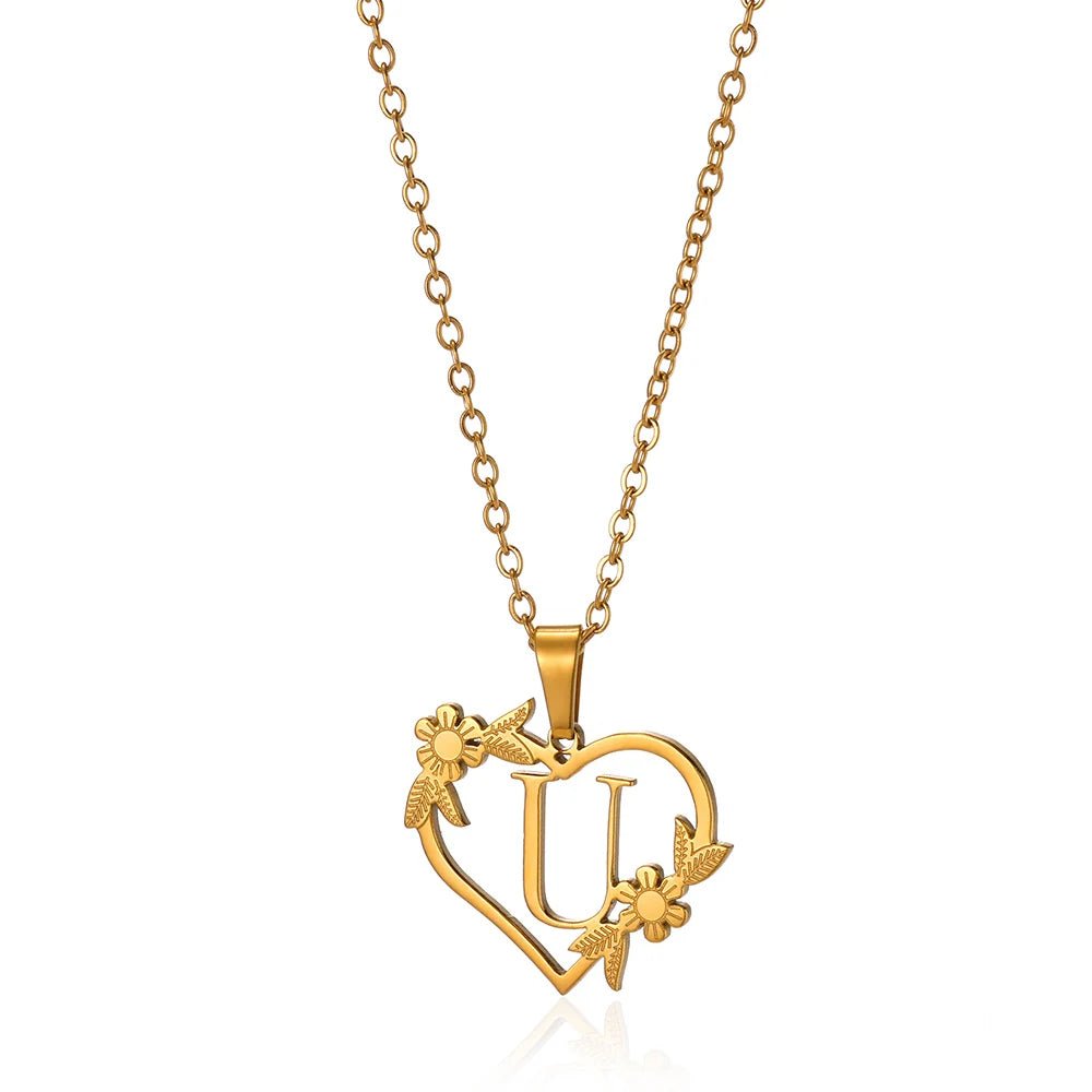 dainty floral heart letter initial necklace