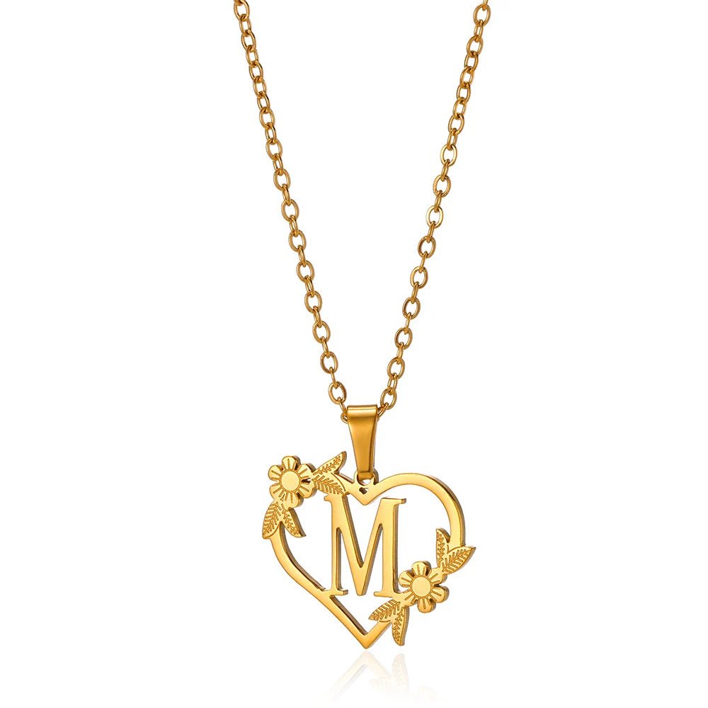 dainty floral heart letter initial necklace