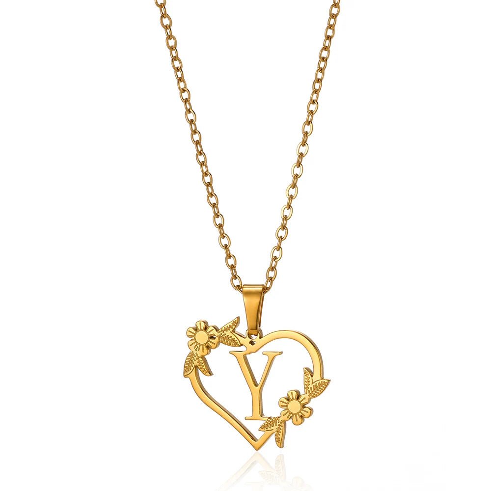 dainty floral heart letter initial necklace