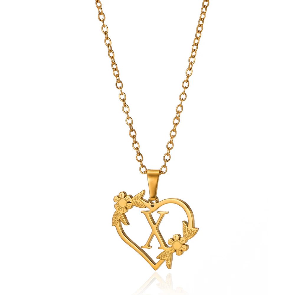 dainty floral heart letter initial necklace