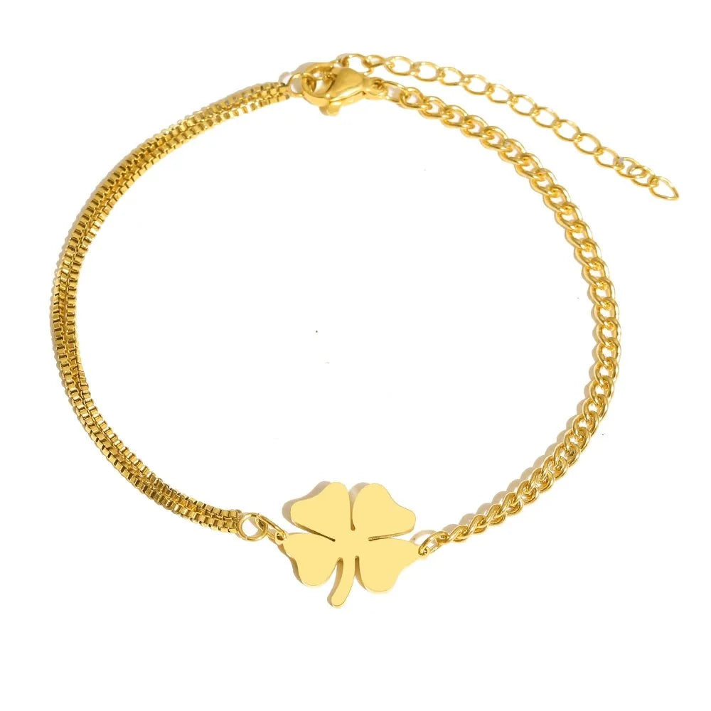 Dainty Four Leaf Clover Layered Chain Bracelet in gold