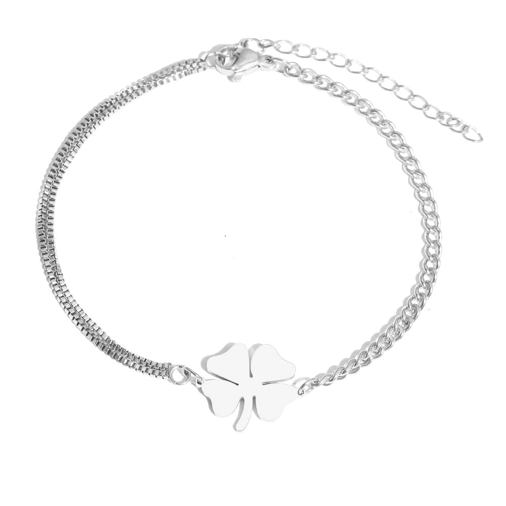 Dainty Four Leaf Clover Layered Chain Bracelet in silver