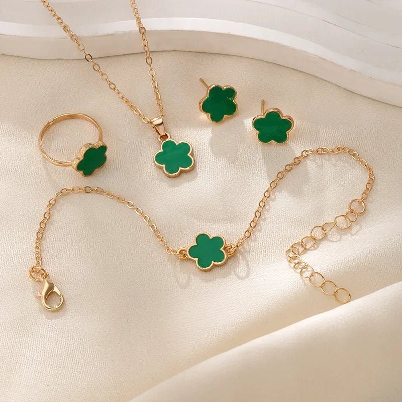 Dainty Lucky Floral Clover Necklace, Bracelet, Earrings, and Rings Set in green
