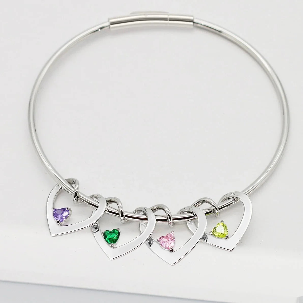 Dainty Name & Birthstone Heart Charm Bangle Bracelet & Necklace in silver