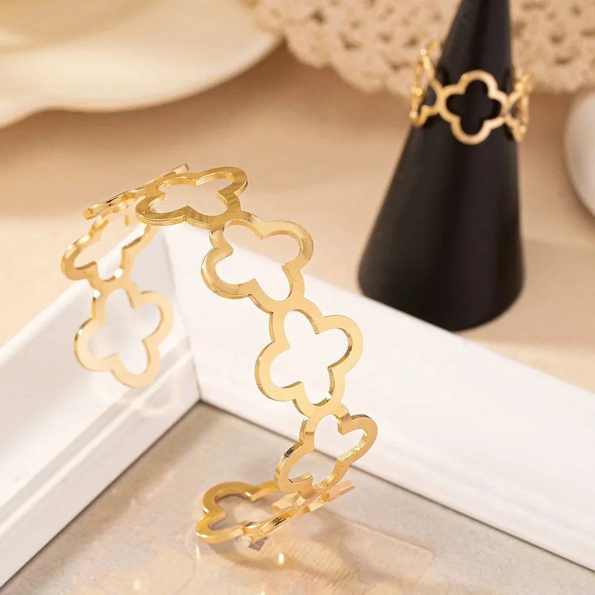 Dainty Open Clover Adjustable Bracelet and Ring Set