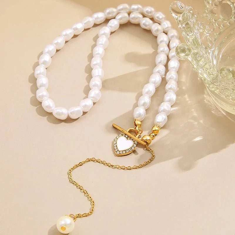 Dainty Pearl Drop Heart Clasp Choker Necklace