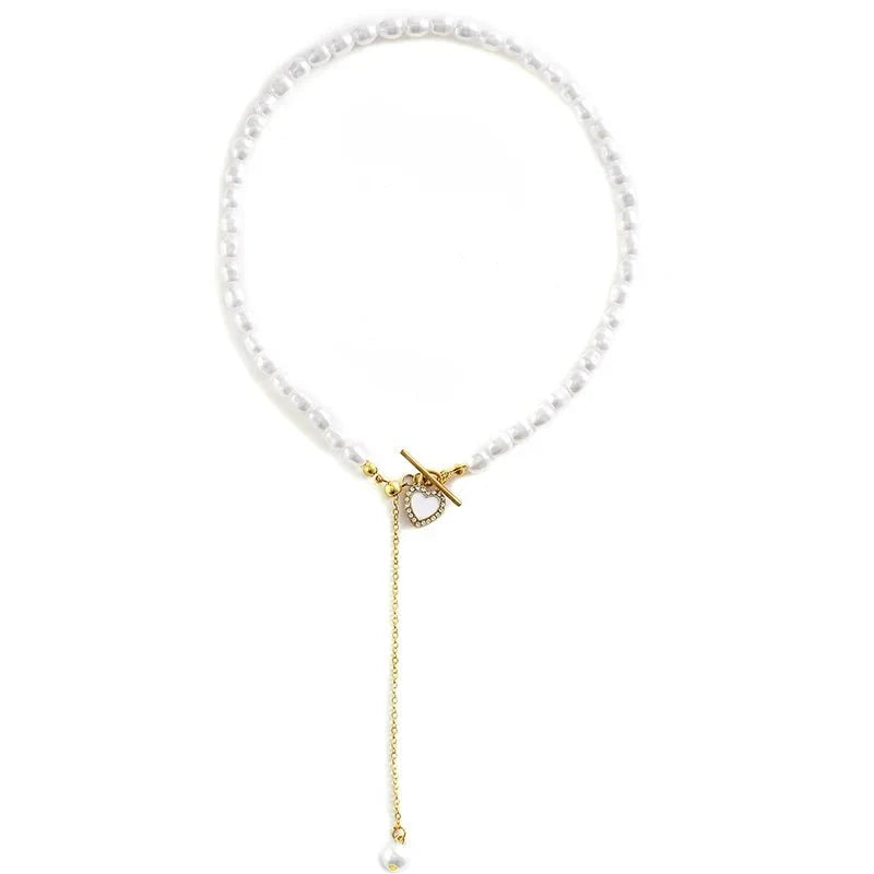 Dainty Pearl Drop Heart Clasp Choker Necklace