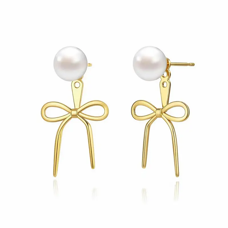 14k Pearl Accented Dangle Bow Earrings