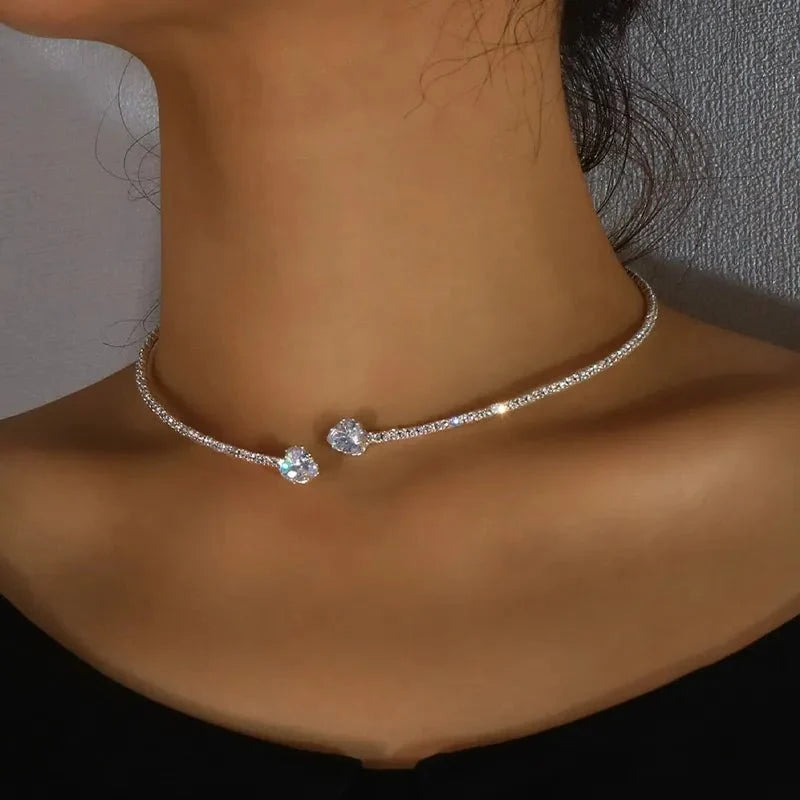 Diamond Heart Open Choker Necklace in silver