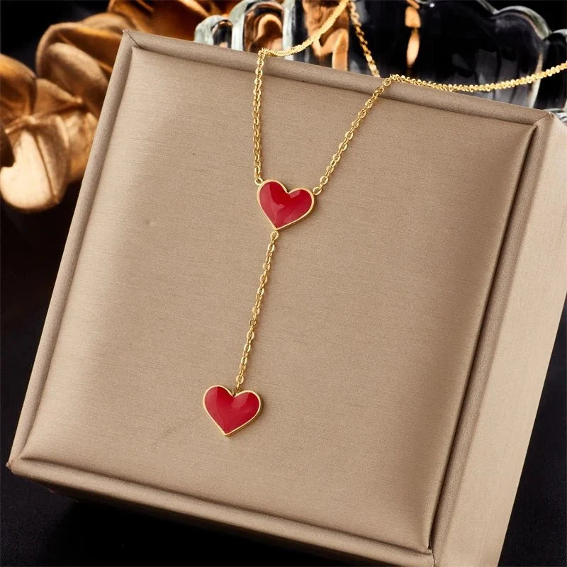 Double Heart Drop Necklace