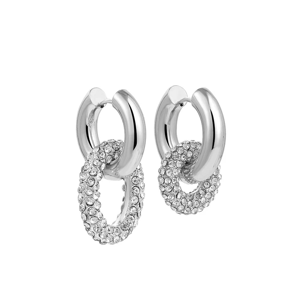 Dual Diamond Circle Huggie Earrings in silver