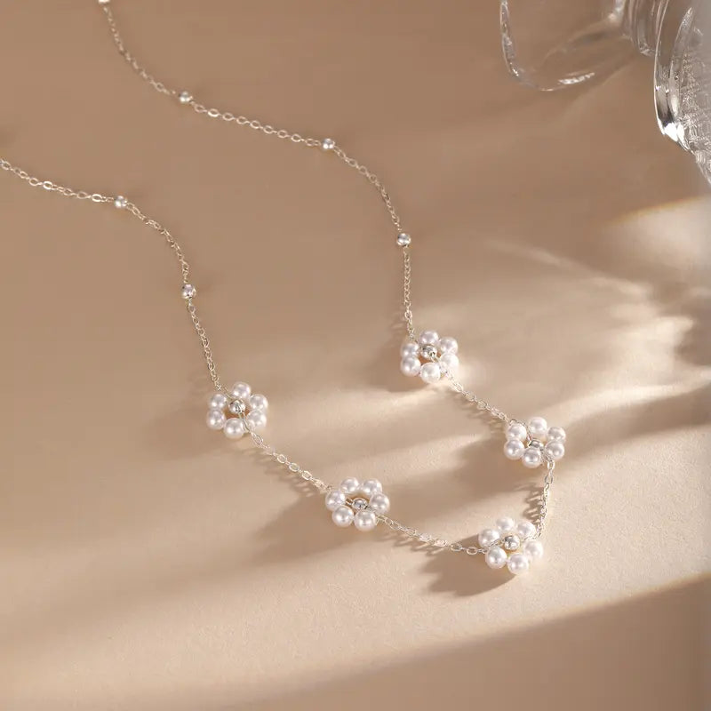 14k Pearl Floral Choker Necklace in silver