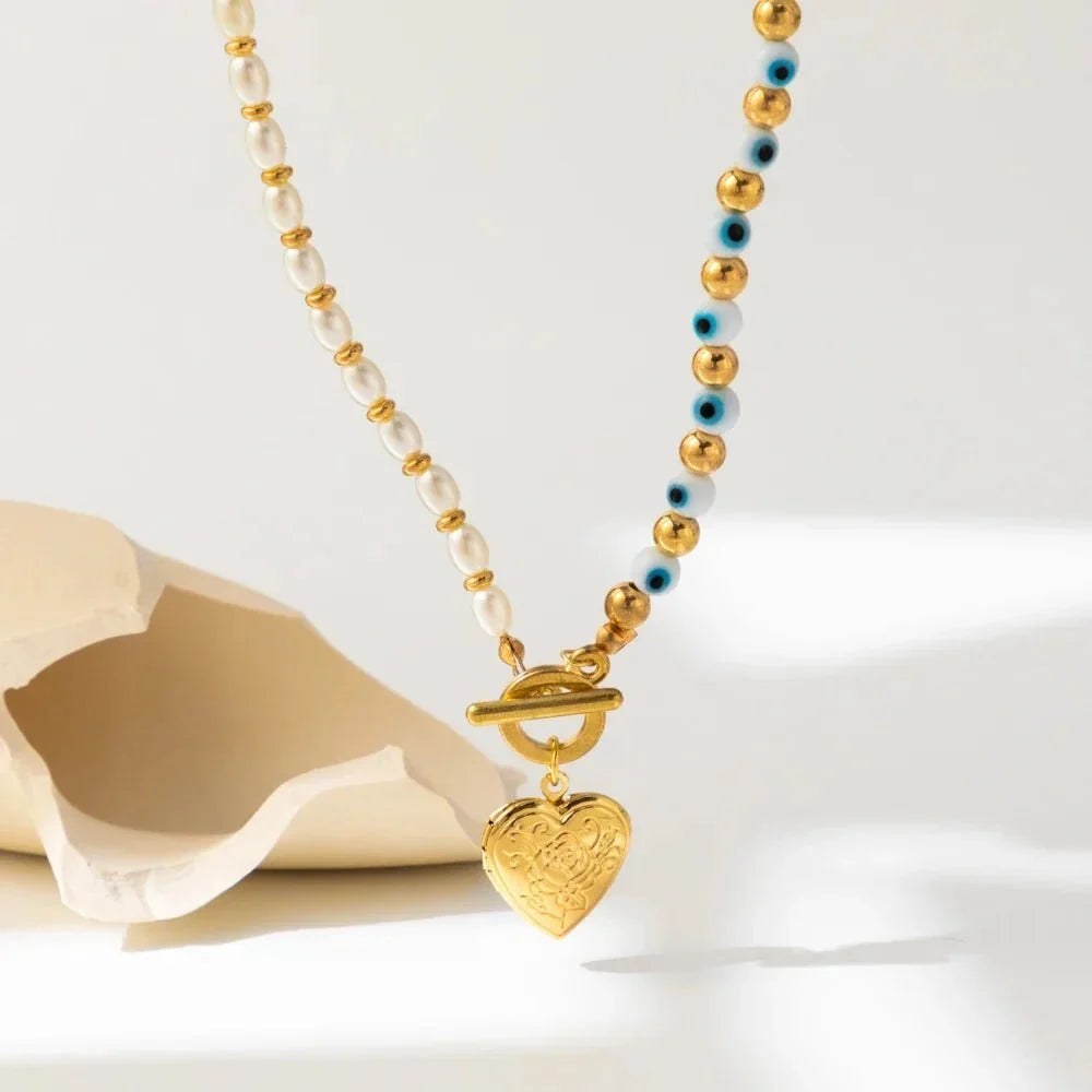 Evil Eye Pearl Heart Locket Necklace