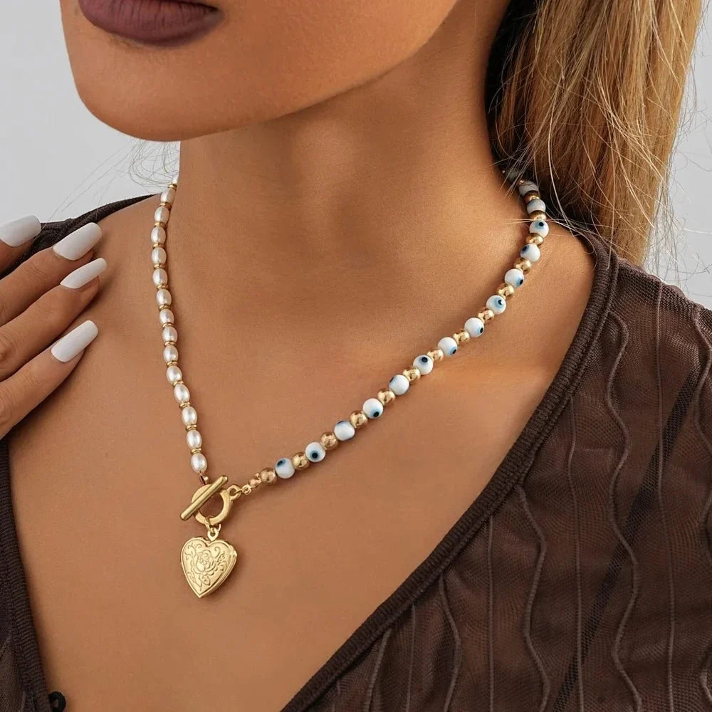 Evil Eye Pearl Heart Locket Necklace