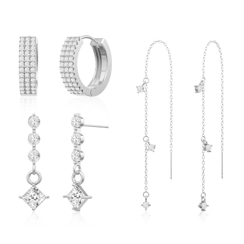 3pc Dainty Diamond Accented Earrings Stack in silver