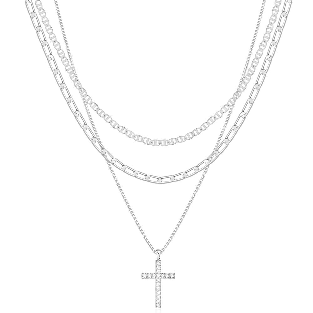 3pc 14k Layered Cross Necklace Stack in silver