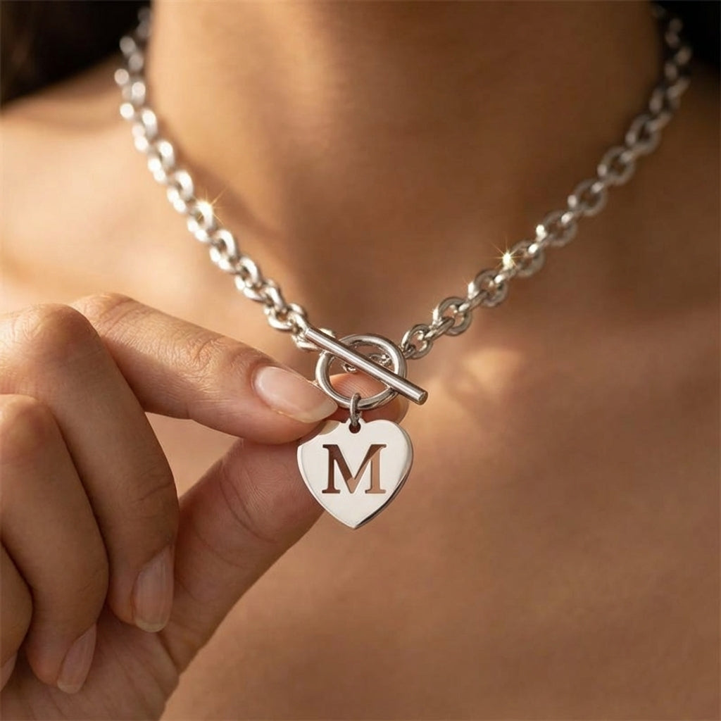 Paperclip Heart Letter Initial Choker Necklace in gold