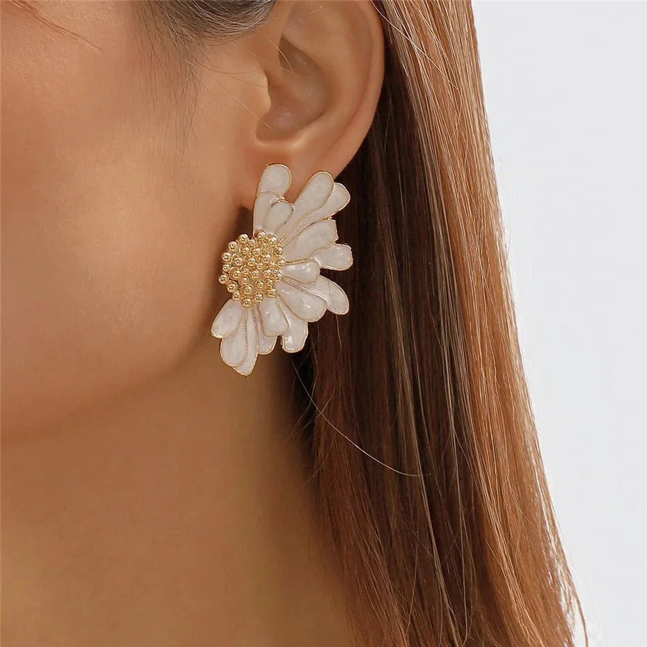 Half Flower Enamel Earrings in white