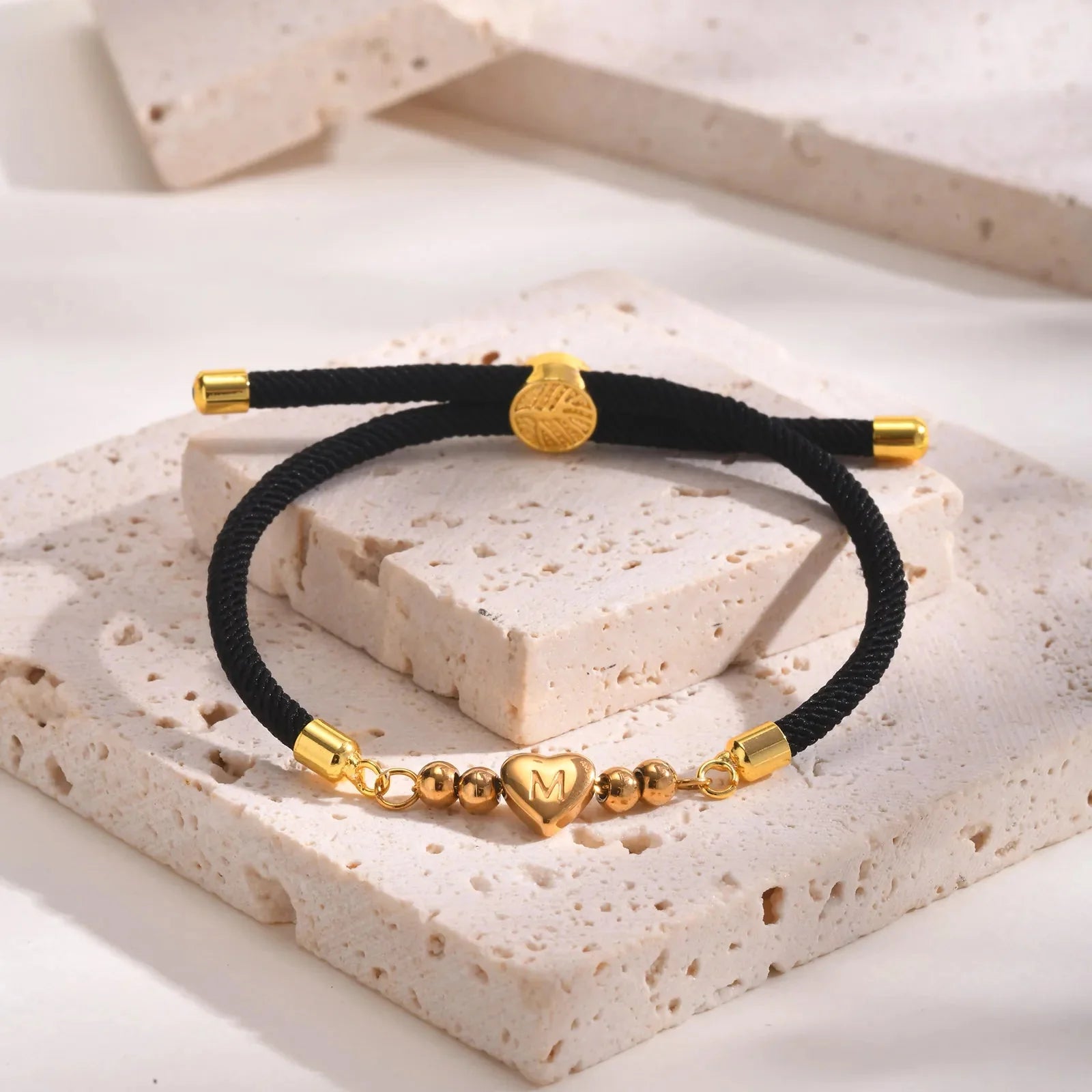 Heart Letter Initial Milan Rope Bracelet in black