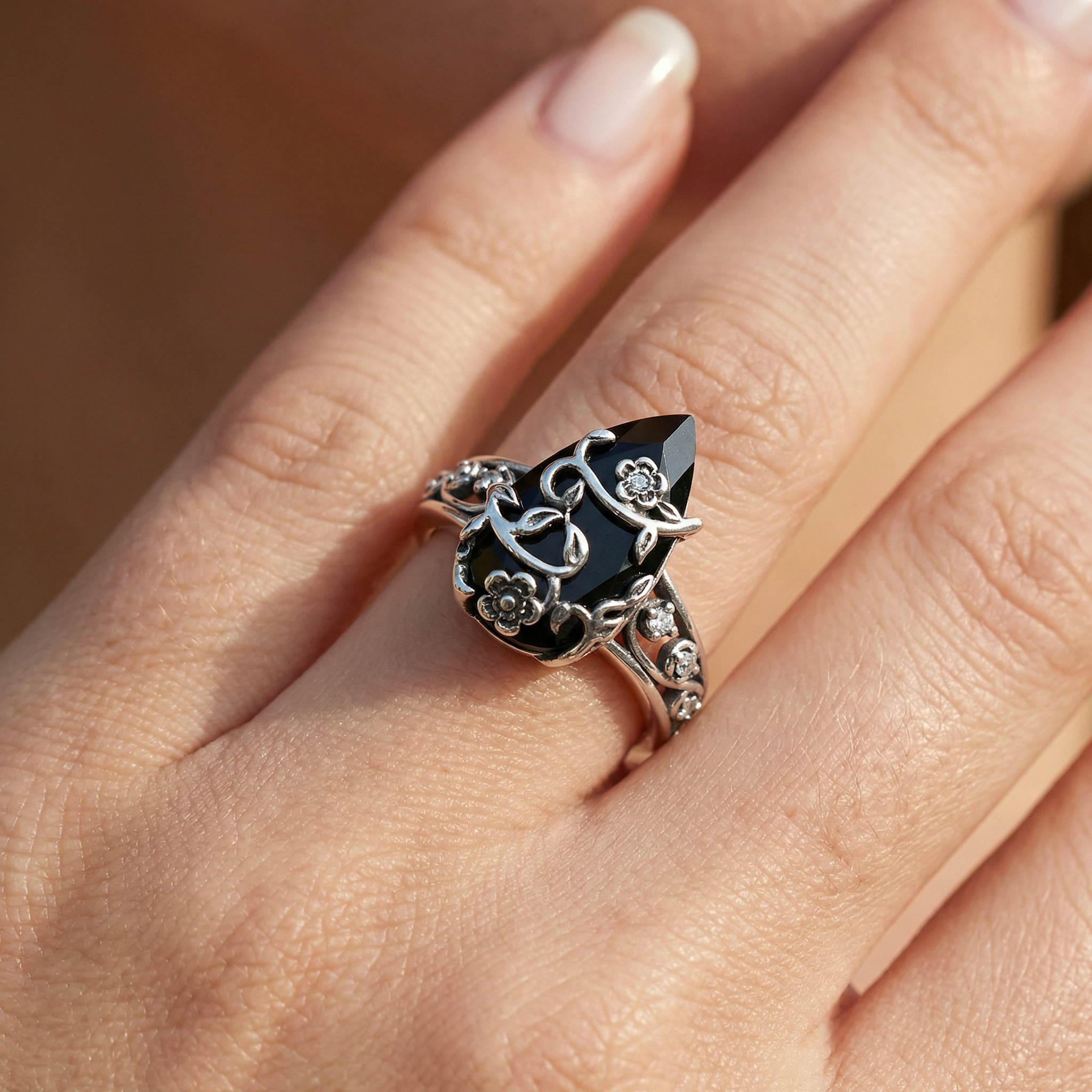 Floral Accented Onyx Ring