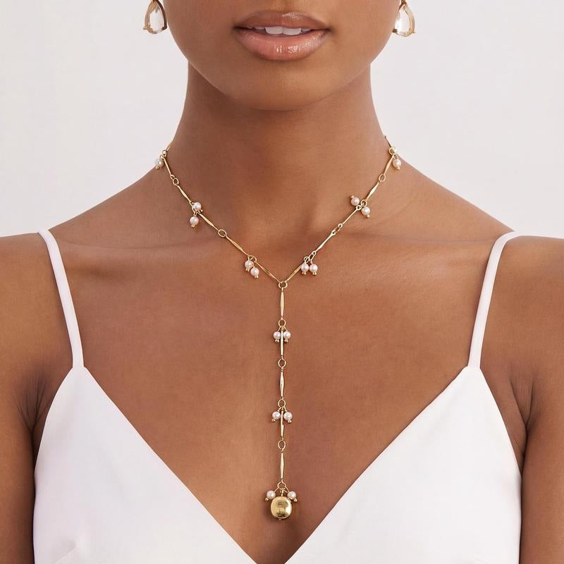 14k Pearl Accented Lariat Necklace