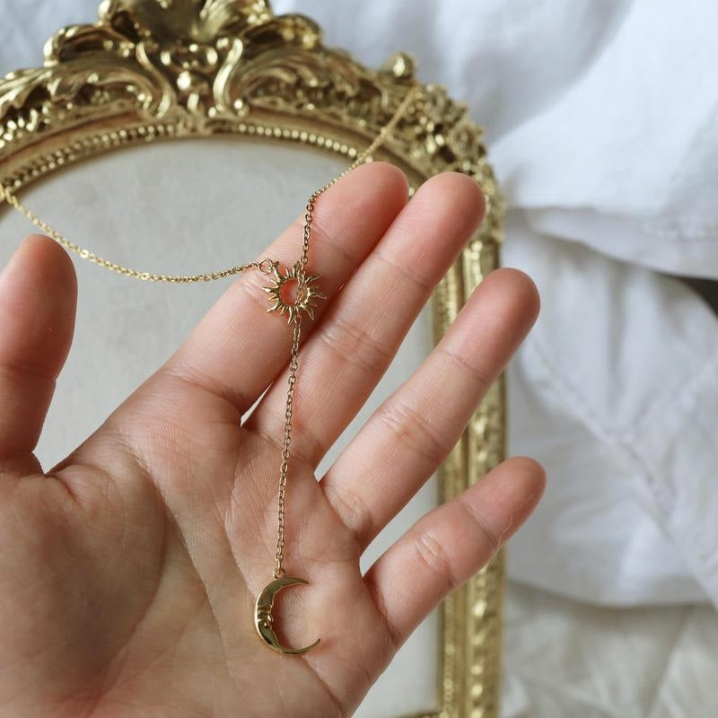 Dainty Sun & Moon Lariat Necklace