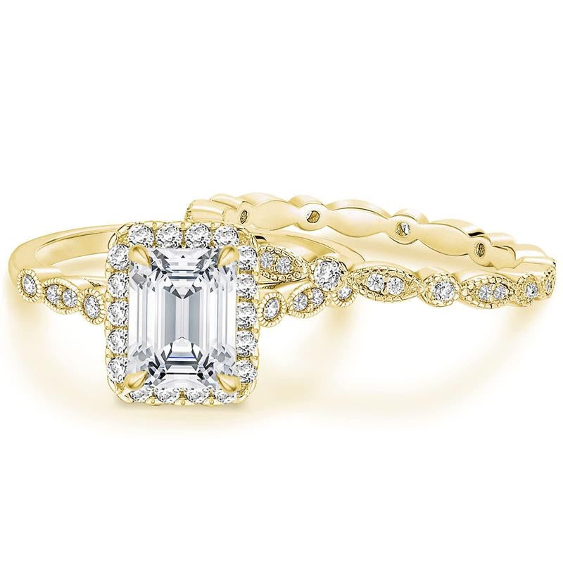 2pc Emerald Cut Ring Set in gold
