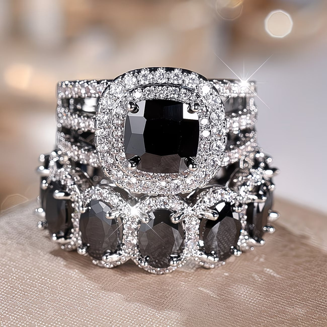 2pc Statement Large Stone Ring Stack in silver