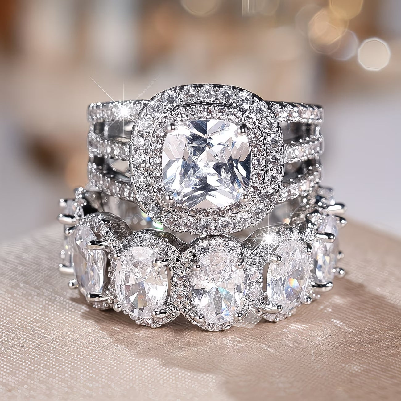 2pc Statement Large Stone Ring Stack in silver