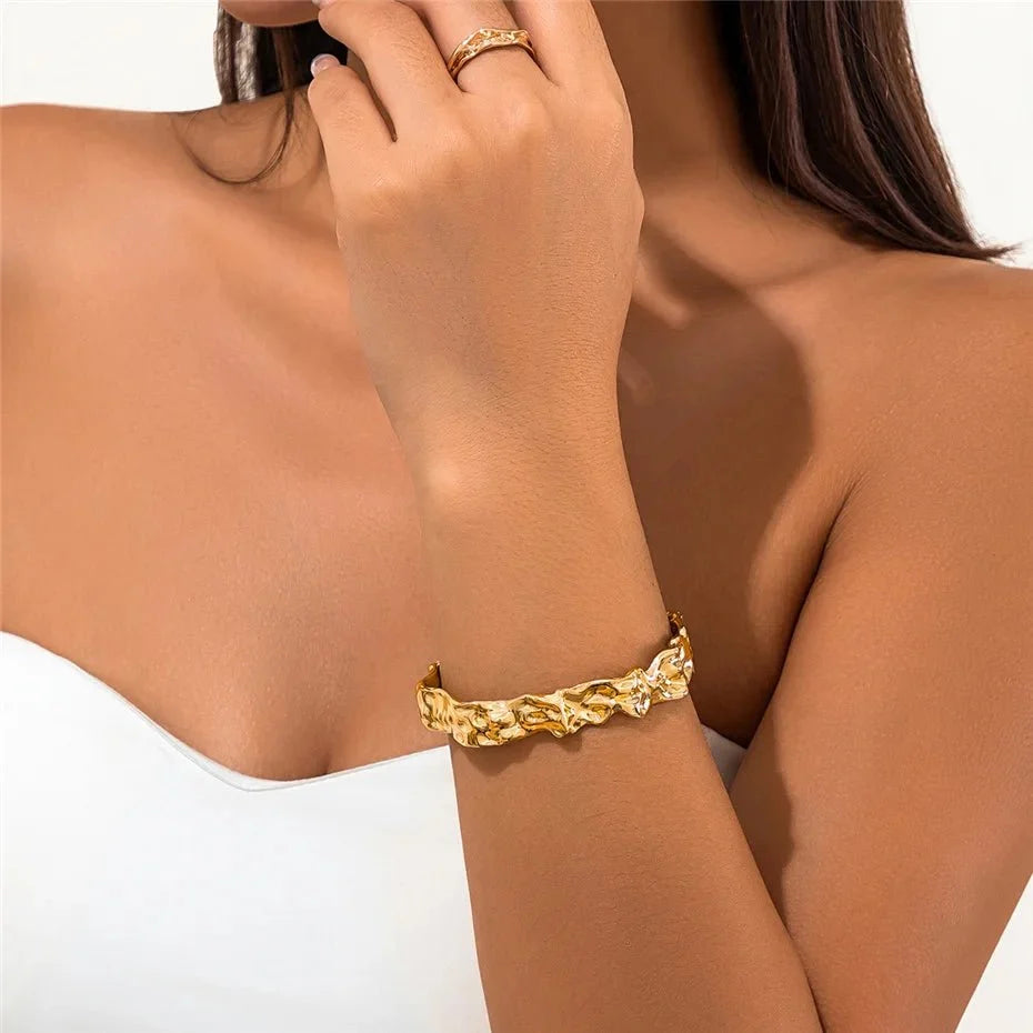 Irregular Crumbled Textured Bangle Bracelet in gold