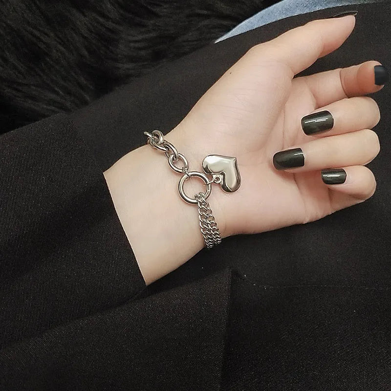 Layered Chain and Paperclip Heart Bracelet in silver