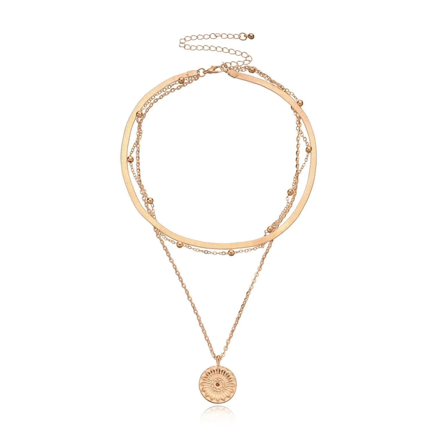 Layered Floral Pendant Herringbone & Dainty Necklaces Stack in gold