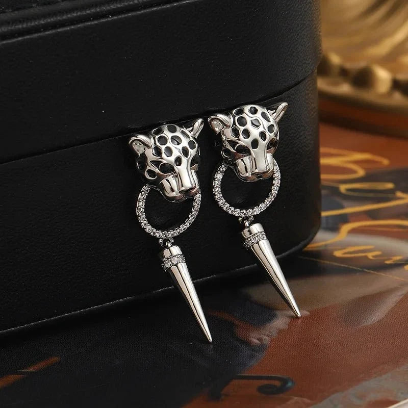 Leopard Circle Dangle Earrings in silver