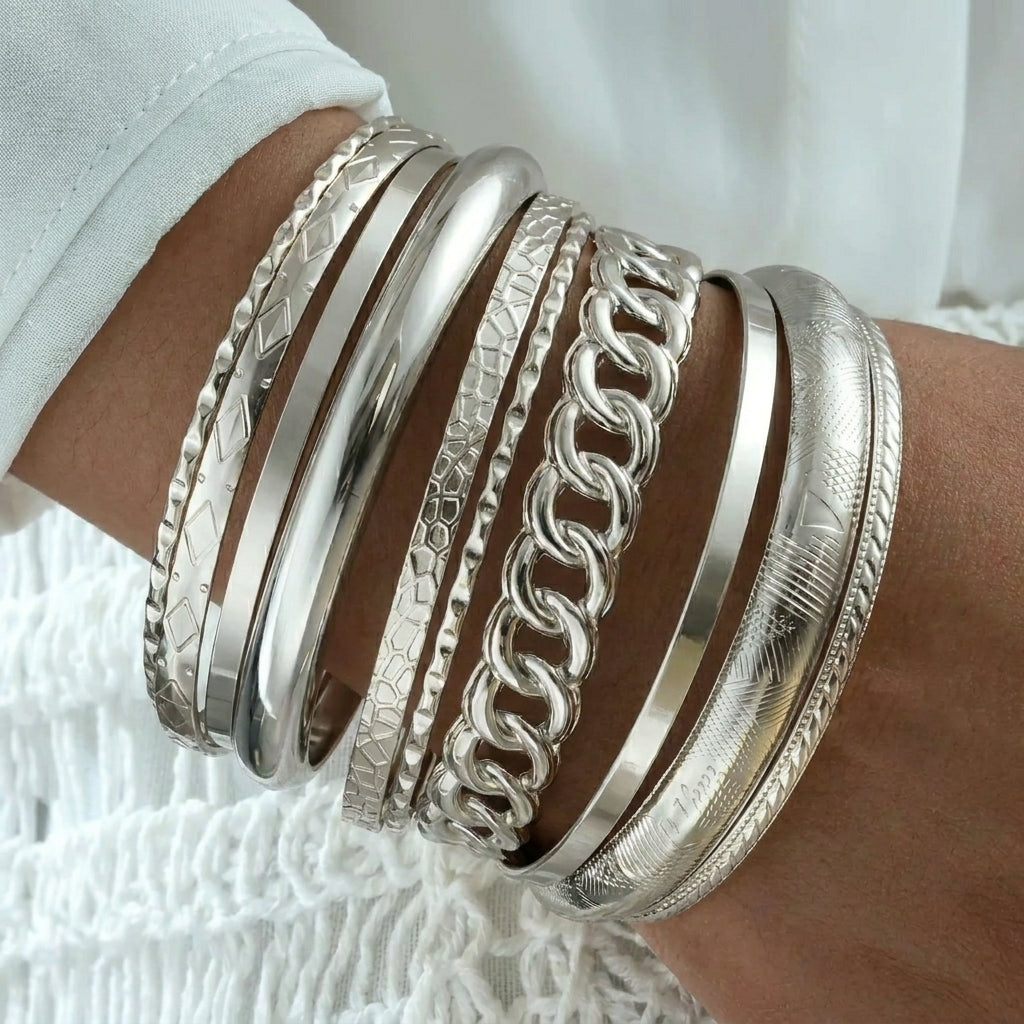 14k 10pc Chunky Variety Bracelet Stack in silver