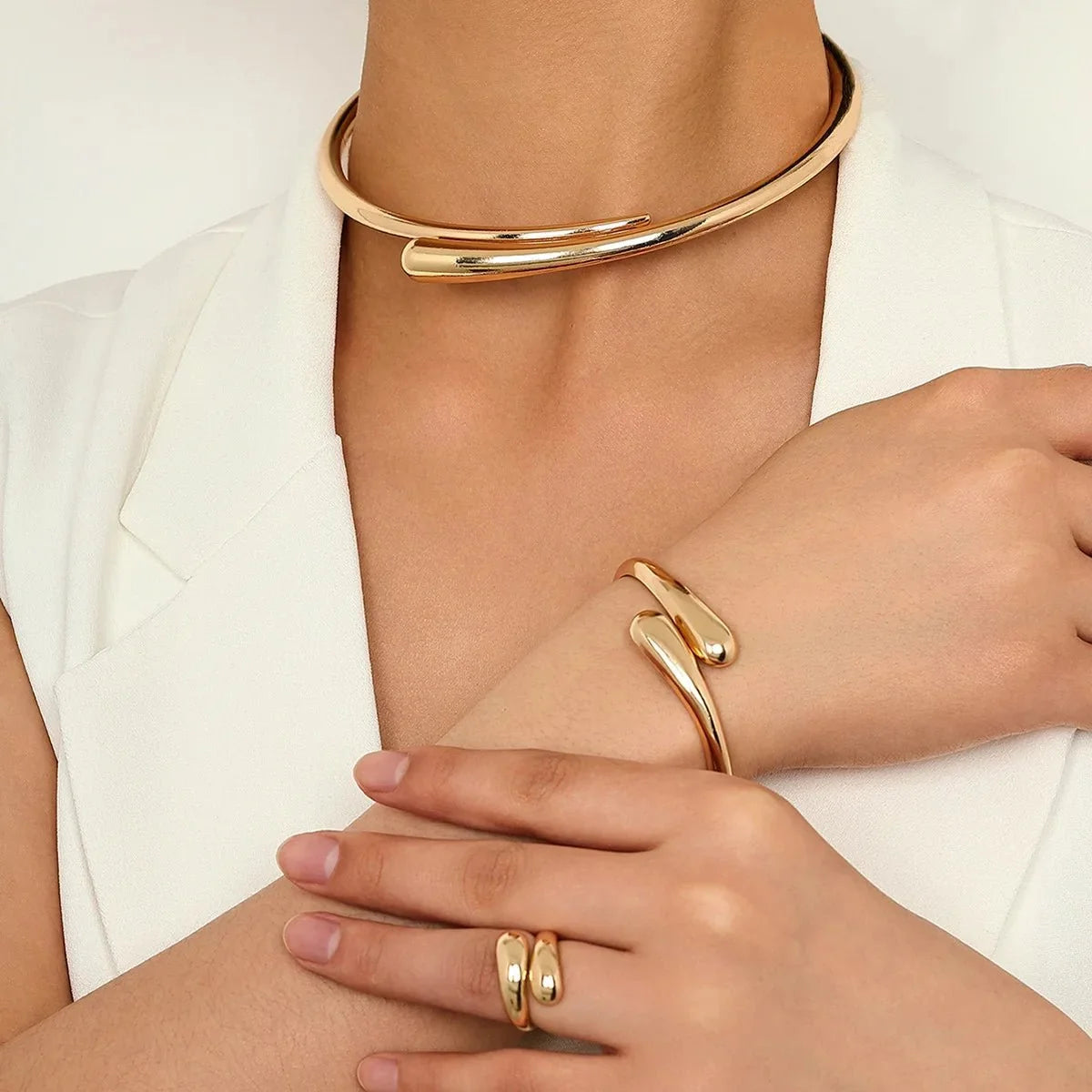 Modern Wrap Choker Necklace, Bracelet, Ring Set in full gold set