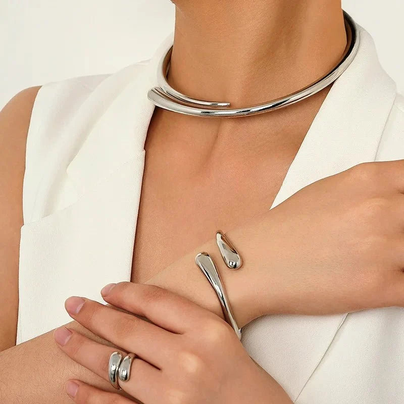 Modern Wrap Choker Necklace, Bracelet, Ring Set in full silver set