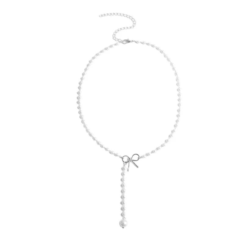 Pearl Dainty Bow Lariat Necklace in silver