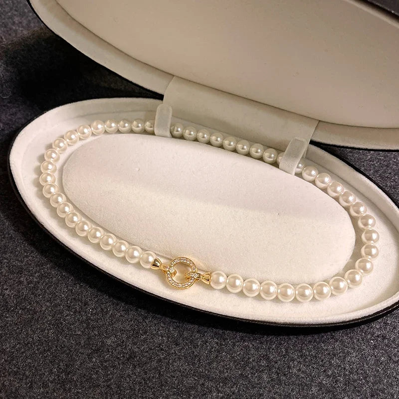 Pearl Diamond Accented Circle Pendant Bracelet and Necklace in classic