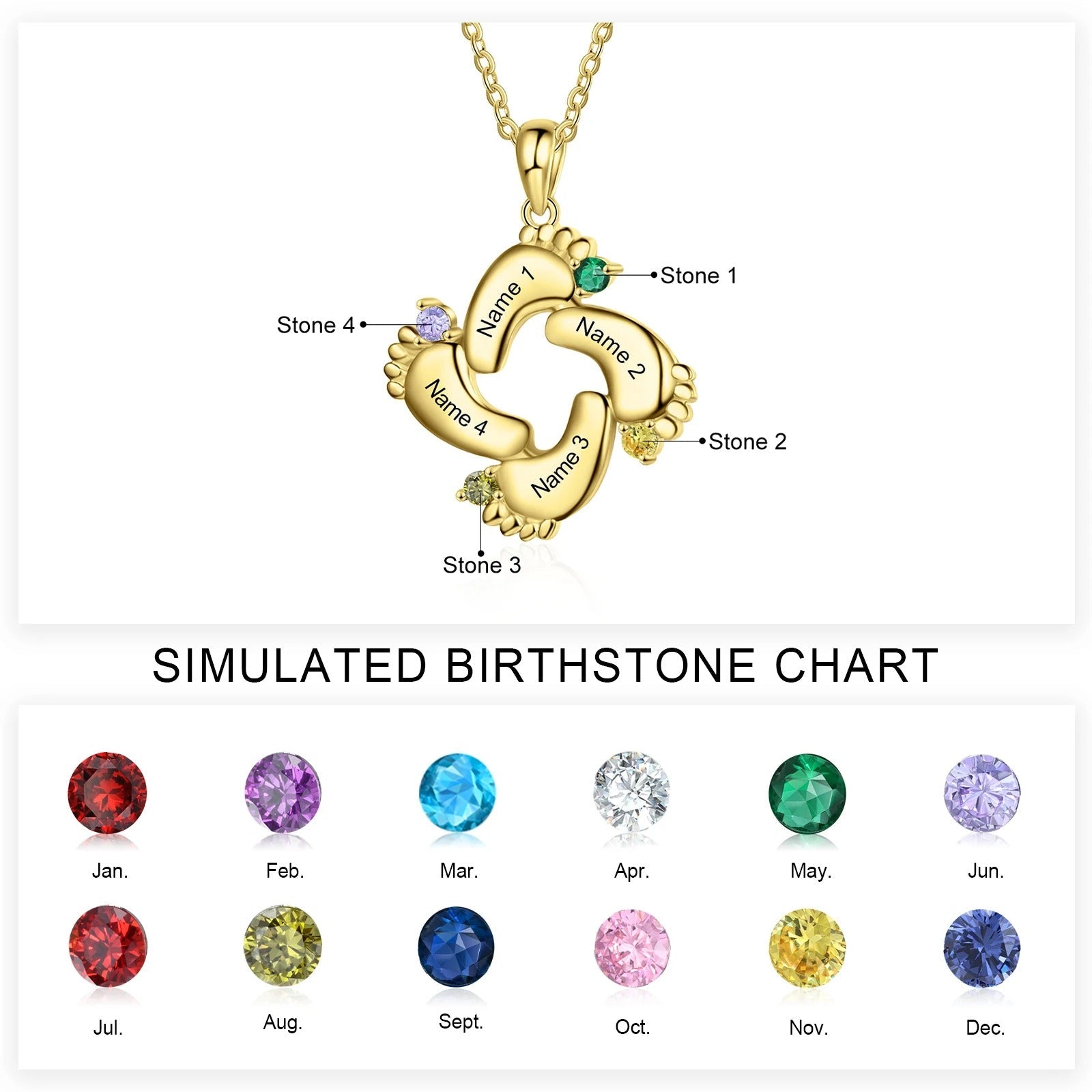 Personalized Baby Feet Name & Birthstone Necklace in gold