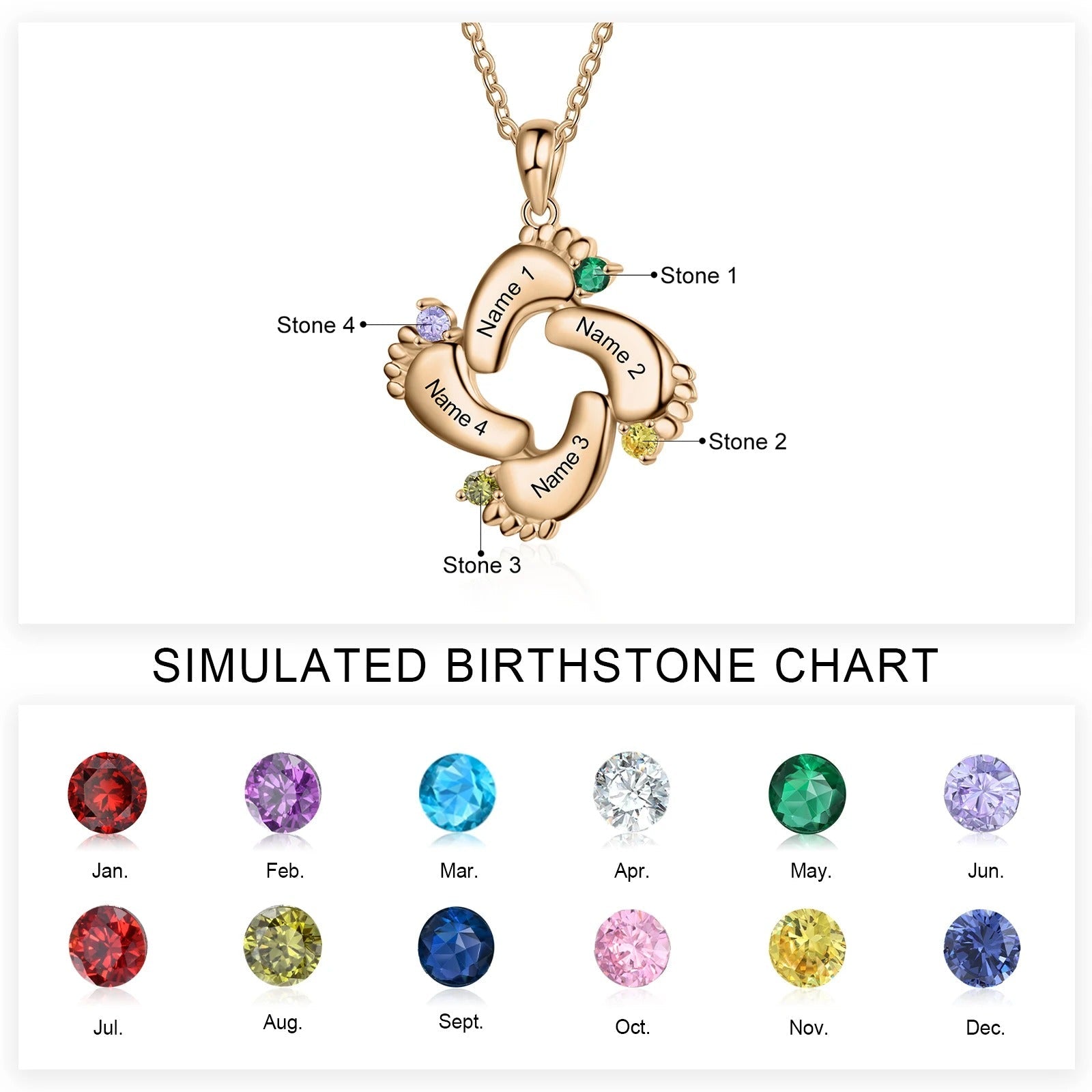 Personalized Baby Feet Name & Birthstone Necklace in rose gold