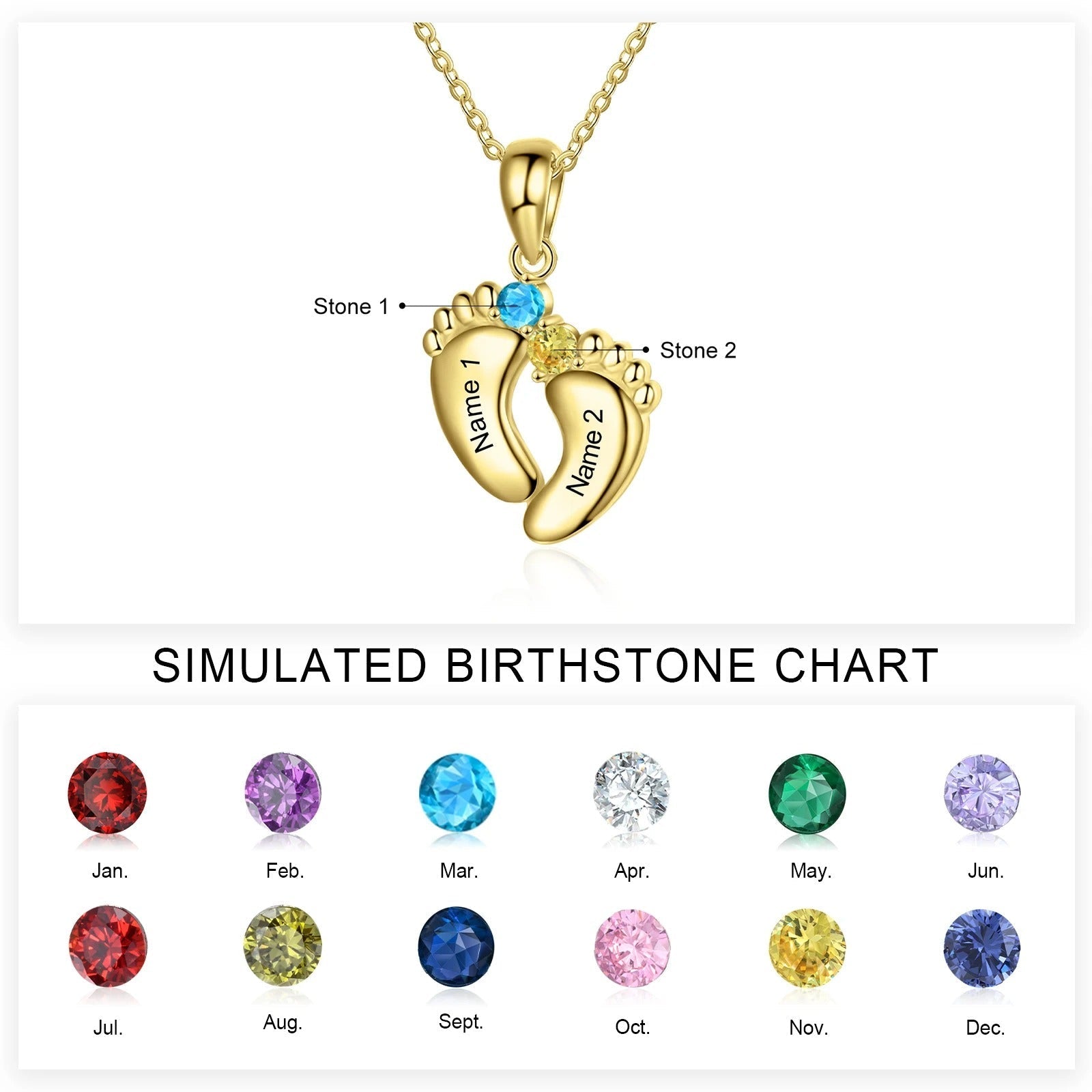 Personalized Baby Feet Name & Birthstone Necklace in gold