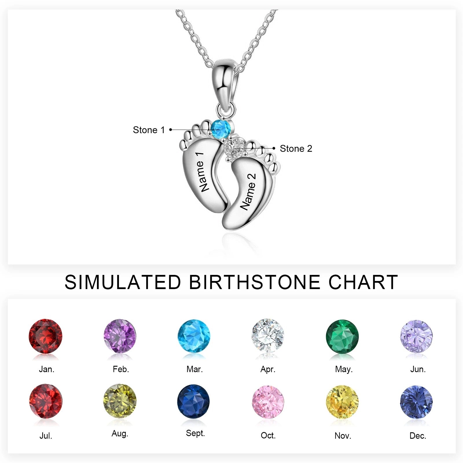 Personalized Baby Feet Name & Birthstone Necklace in silver