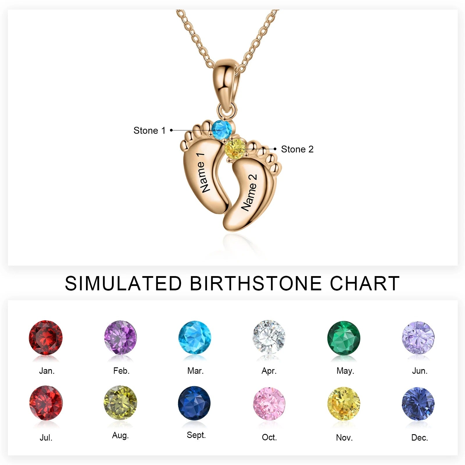 Personalized Baby Feet Name & Birthstone Necklace in rose gold