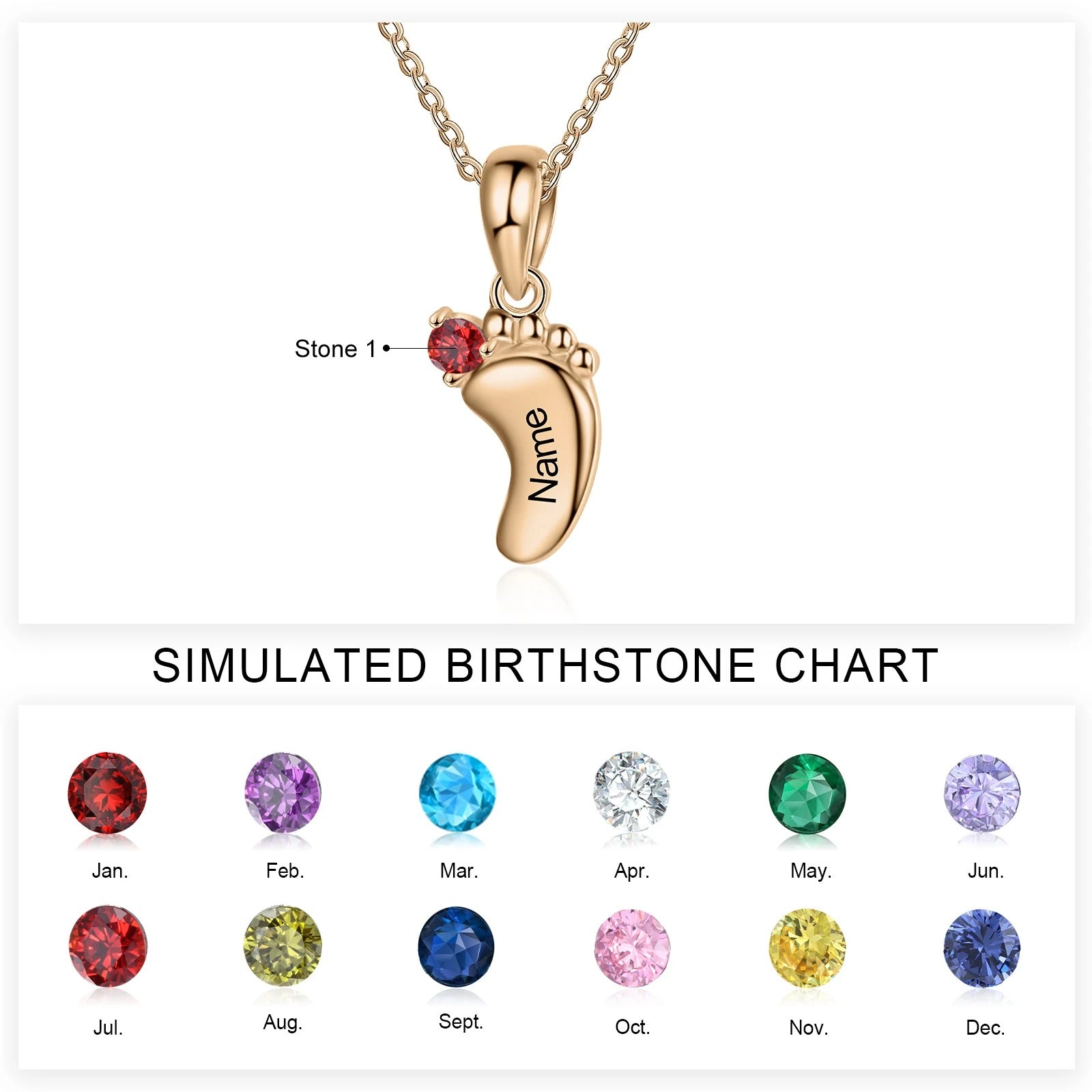 Personalized Baby Feet Name & Birthstone Necklace in rose gold