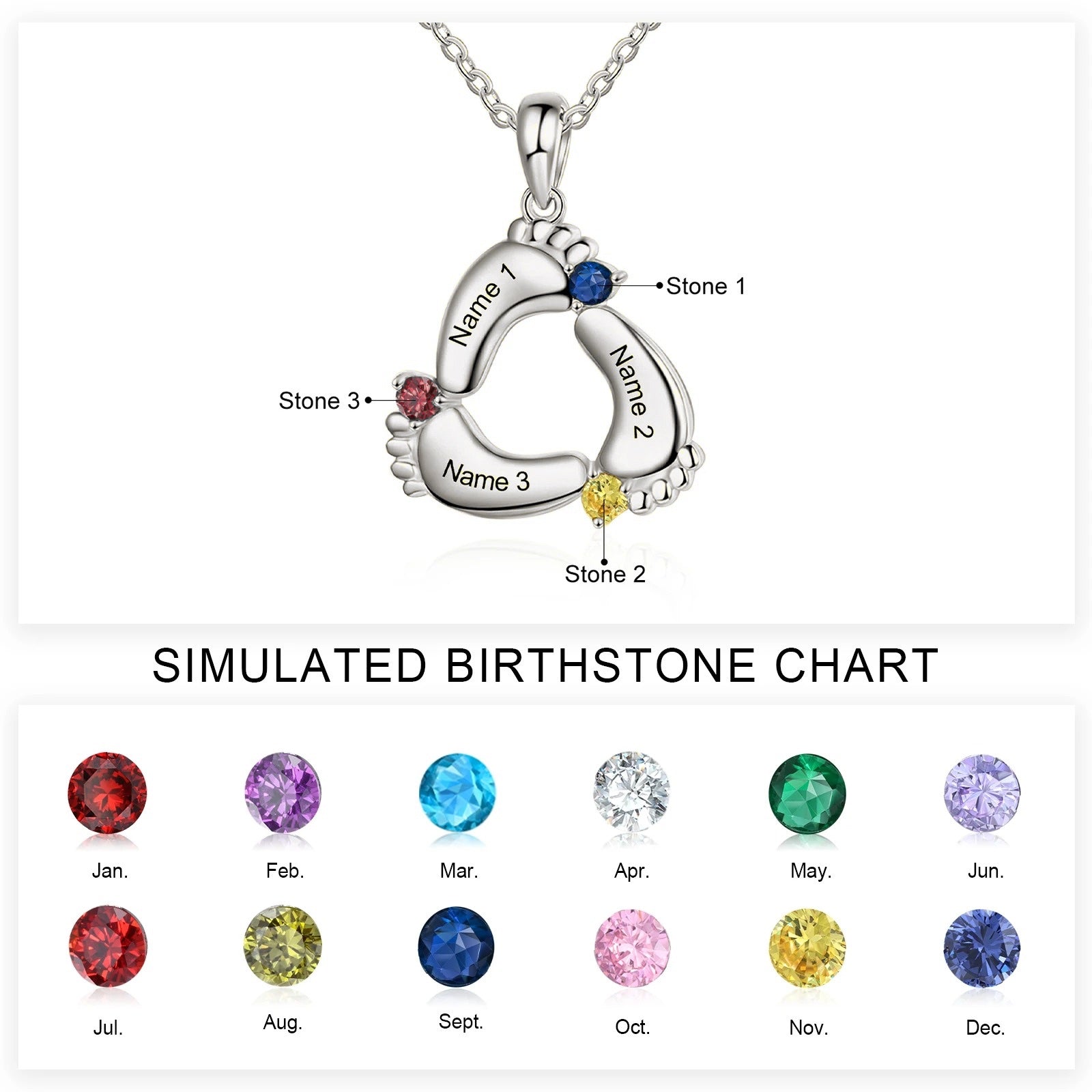 Personalized Baby Feet Name & Birthstone Necklace in silver