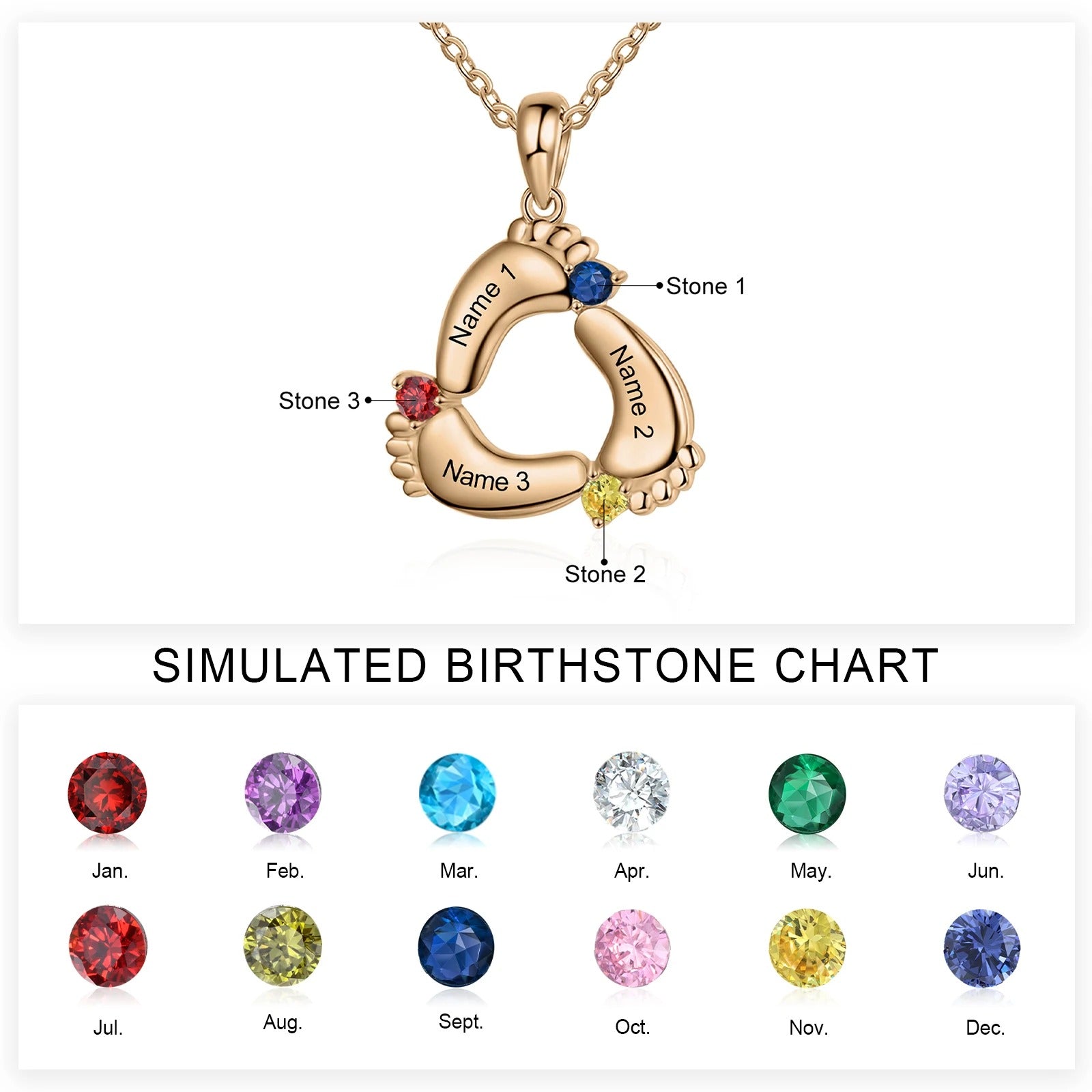 Personalized Baby Feet Name & Birthstone Necklace in rose gold