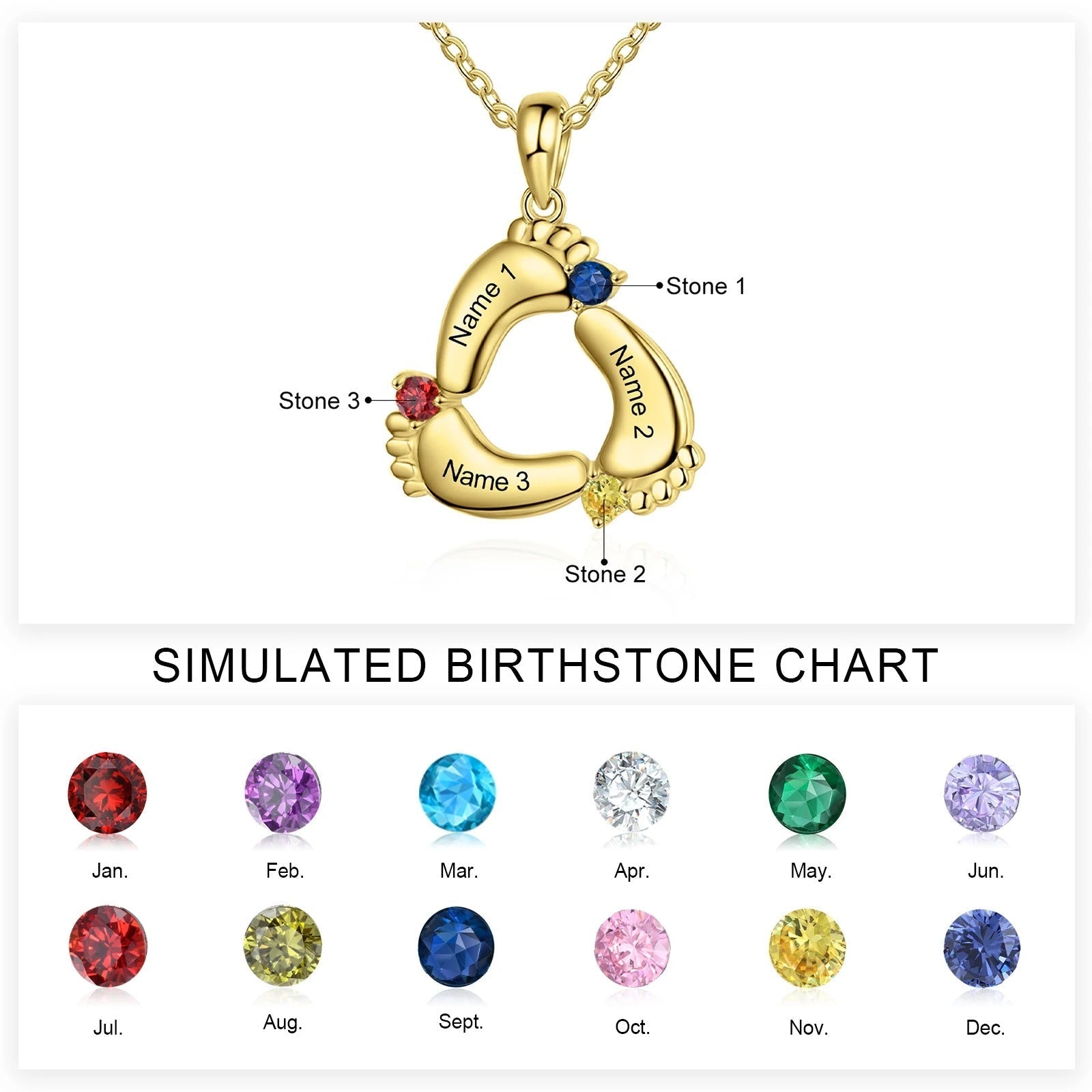 Personalized Baby Feet Name & Birthstone Necklace in gold
